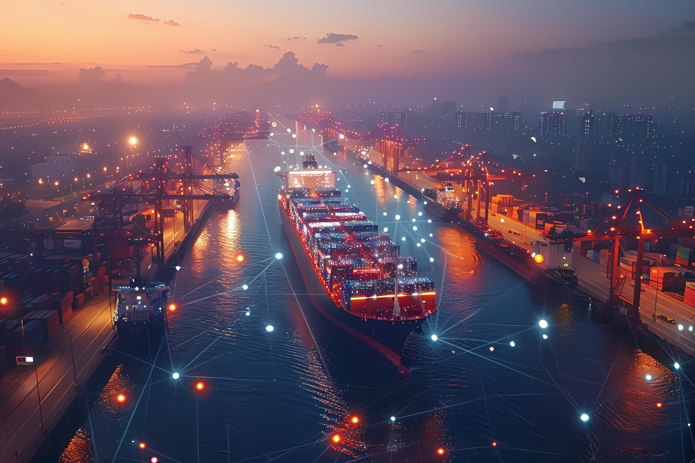 Large cargo ship transporting goods across international waters illustration