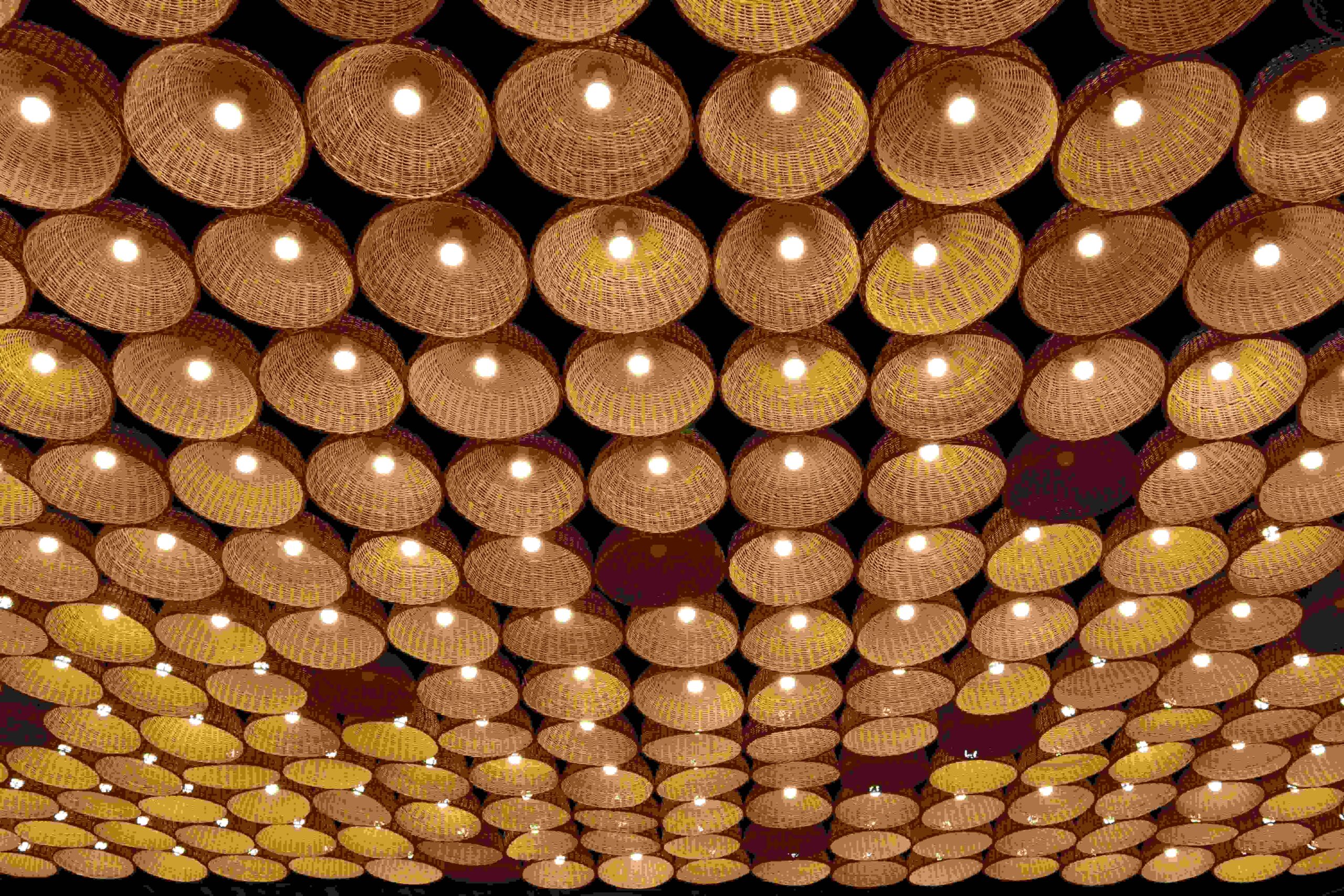 Handwoven bamboo lampshades showing traditional craftsmanship