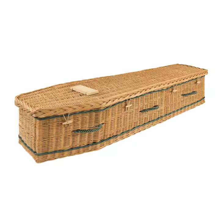 Handwoven bamboo biodegradable coffin with green handles