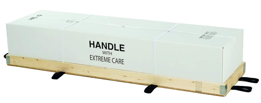 Individual biodegradable coffin in protective packaging ready for shipment
