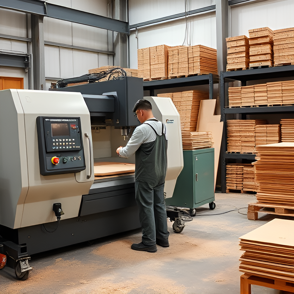 Production Management with a worker operating a wood CNC machine on plywood.