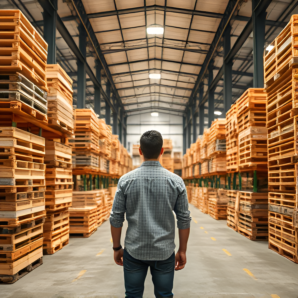 Supplier Identification with an image of a person staring at a warehouse full of pallets.