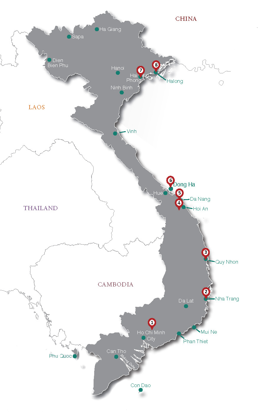 Map of Vietnam showing major ports: Haiphong (North), Da Nang (Central), Ho Chi Minh City/Saigon (South)