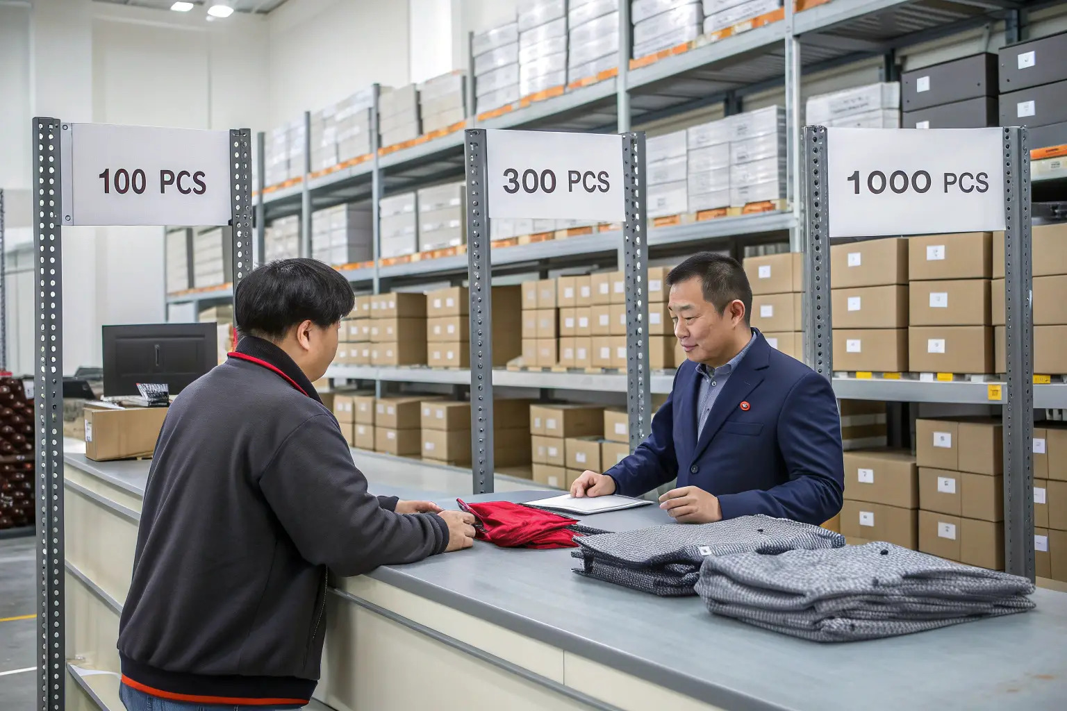 Factory warehouse showing different order quantity tiers: 100 PCS, 300 PCS, 1000 PCS