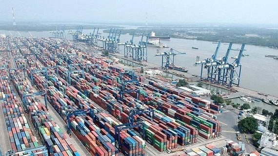 Ho Chi Minh City port showing massive container stacking and port infrastructure from aerial view
