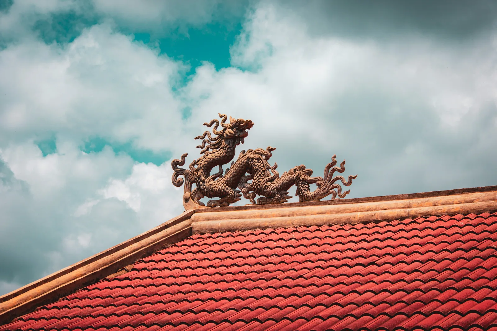 Terracotta clay roof tiles on a traditional Vietnamese building
