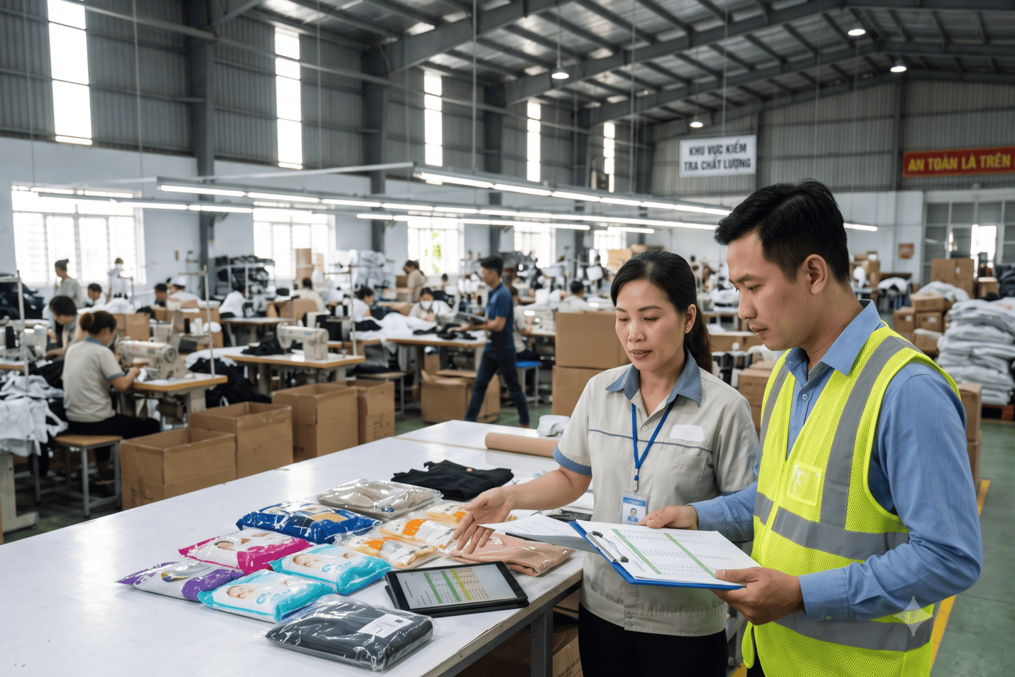 Two supervisors reviewing packaged FMCG product samples on a table inside a Vietnamese garment and packaging factory